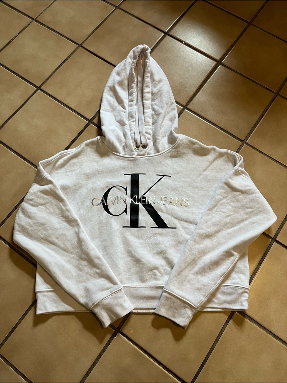 Calvin Klein cropped White Logo Hoodie with Black CK